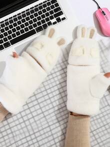 1双女士兔子卡通可爱半指翻盖毛绒加厚保暖手套，秋冬季 - 翻蓋毛絨卡通手套 - 查看 10