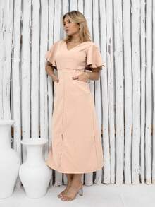 H&Z FASHION Elegant Women's Tailored Dress With Pocket VES-016 - Bege - 查看 1