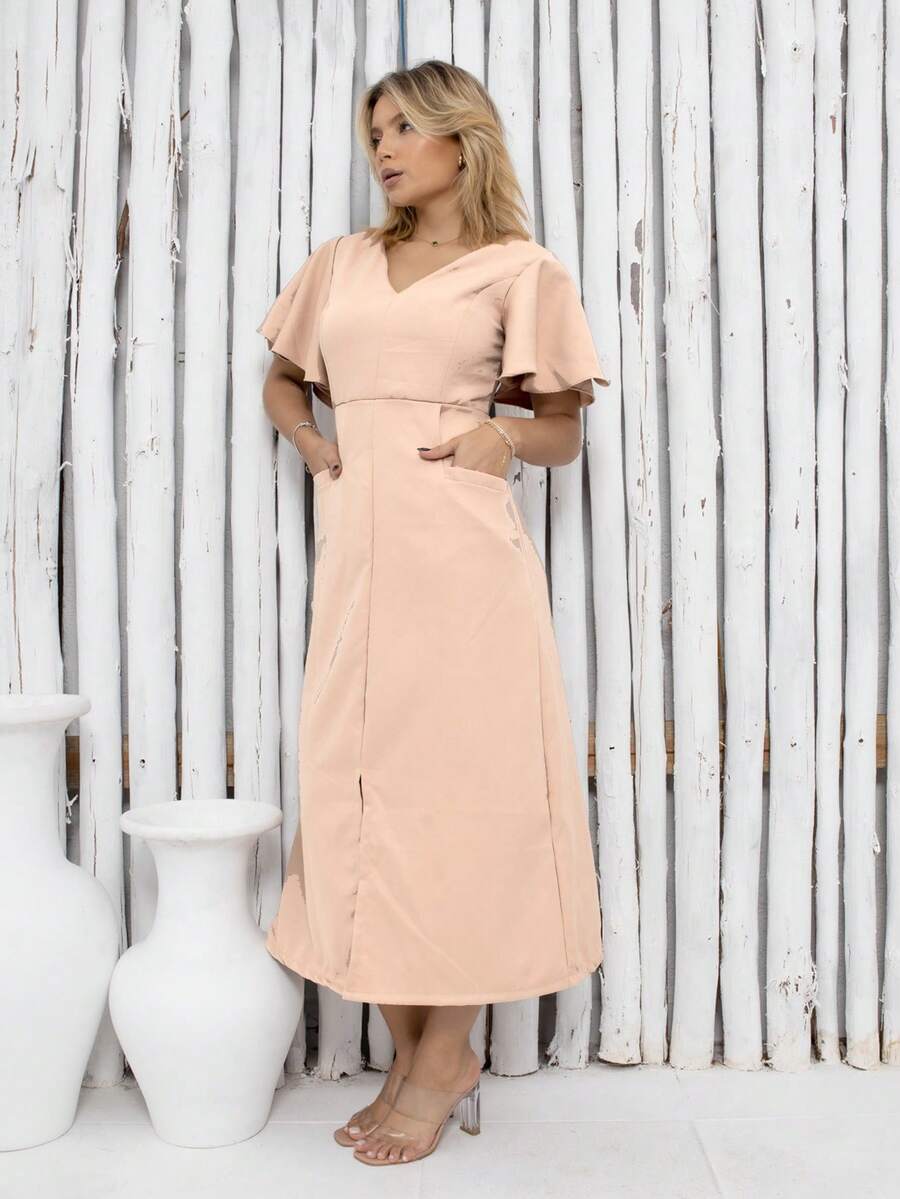 H&Z FASHION Elegant Women's Tailored Dress With Pocket VES-016 - Bege - 查看 1