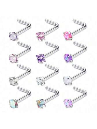 12Pcs 20G Surgical Steel Nose Studs I L Shaped Screw Studs Rings 2mm Cubic Zirconia Opal Nose Ring Labret Lip Nose Piercing Jewelry Hypoallergenic For Women Men