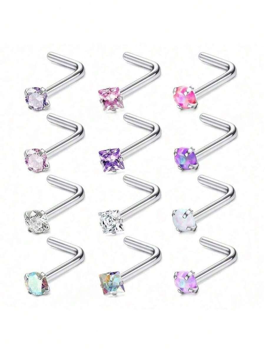 12 件 20G 医用钢鼻钉 I L 形螺丝钉 2 毫米方晶锆石蛋白石鼻环唇钉鼻钉饰品防过敏男女通用 - 鼻釘套裝(12件) - 查看 1