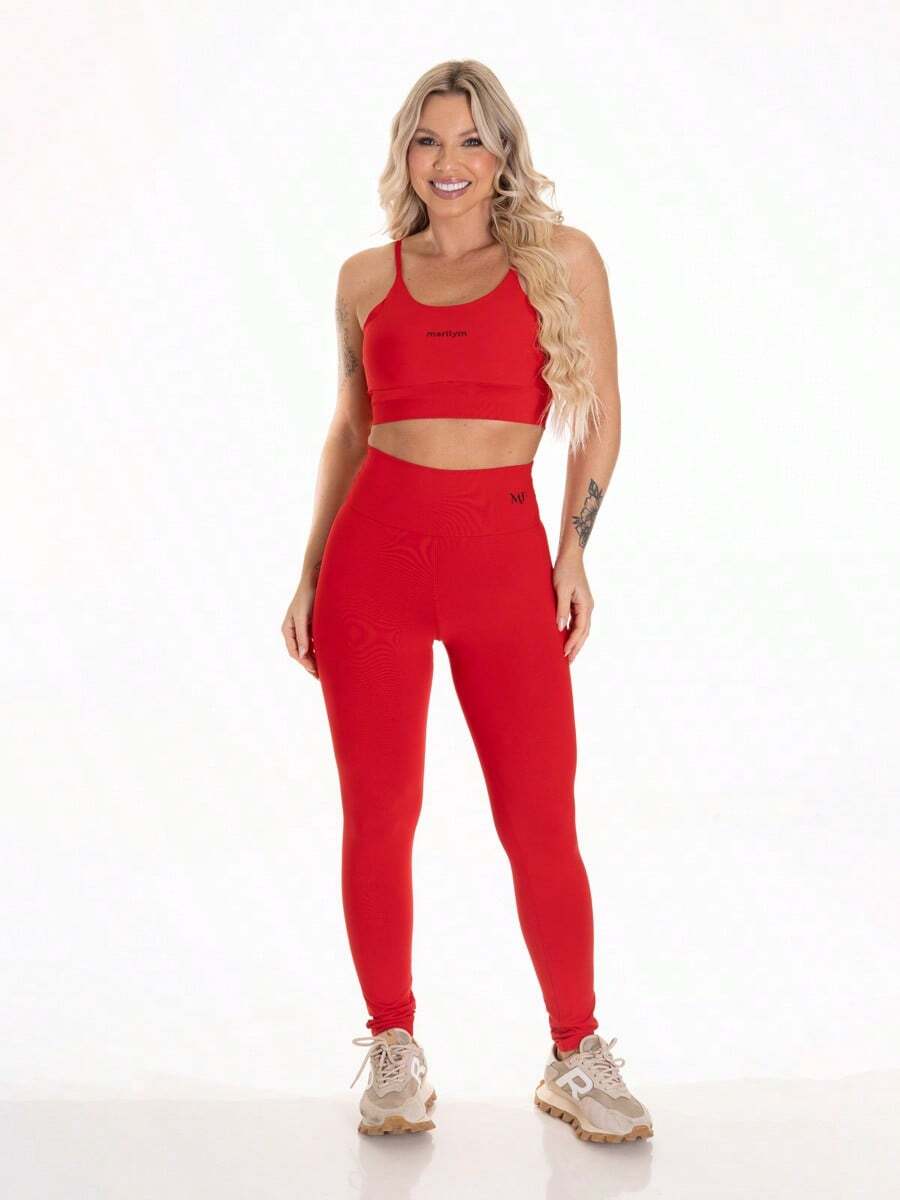 Fitness Leggings Set With Strappy Top - Red - View 1