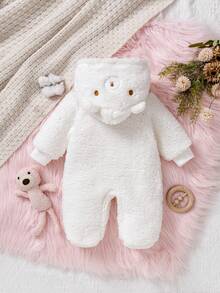 1pc Newborn Baby Hooded Romper, Soft Plush Fabric, Dual-Zipper & Button Design, Cute Bear Style, Long Sleeve Footed Jumpsuit, Comfortable For Infant