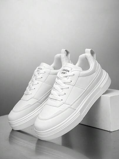 男士经典全白字母拼布设计增高运动鞋，百搭休闲低帮系带鞋，适合户外、通勤、青少年，