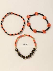 3pcs/Set Halloween Beaded Letter & Floral Elastic Bracelet For Women, Fashionable & Versatile