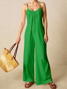 Mujer mono boho elegante liso detalle fruncido holgado escote redondo tirantes largos primavera verano fiesta playa pantalón - Verde Menta - Ver 1
