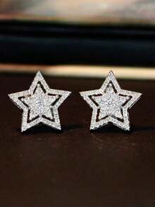 Topshiny 1 Pair Silver-Tone Cubic Zirconia Pentagram Stud Earrings Women, Korean Minimalist Jewelry, Detail May Vary Slightly By Batch HXXJ - 銀色 - 查看 9