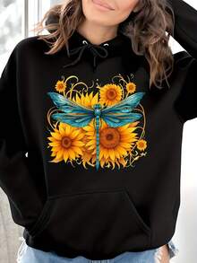 Sunflowers And Dragonflies, Sunflowers And DragonfliesGraphic Print Hoodie,  Crew Neck Casual Top For Summer Spring, Women's Clothing