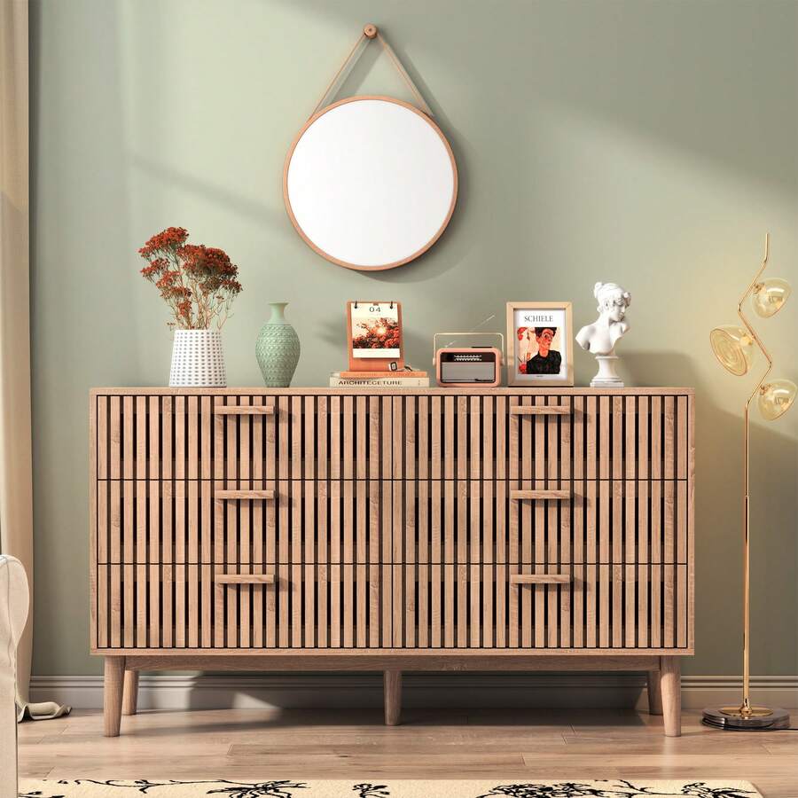 MISNODE Chest Of Drawers, Storage Cabinet With 6 Drawers, Modern Chest Of Drawers With Tapered Legs, Sideboard With Tall Drawers For Bedroom, Living Room, Hallway, Wood Color, 100x34x73cm - 原木色 - 查看 1