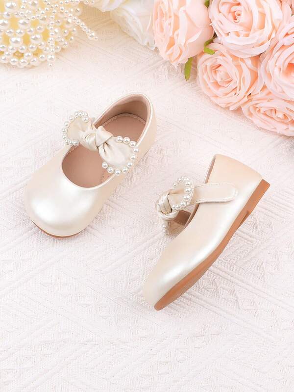 Festliche Schuhe, Tanzschuhe, Ballerinas, Mary Janes, Prinzessinnenschuhe, Loafer, geeignet für Hochzeiten, Partys, Feiertage, Festivals, bequeme und vielseitige Flache Schuhe für Mädchen, Kleinkind Babys, Champagner, Weiß, Schleifen-Akzent, Perlen, Ganzjährig