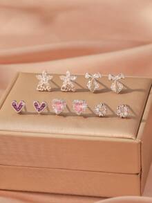 10pcs Classic Minimalist Colorful Cubic Zirconia Plated Silver Women Jewelry Set, Heart, Flower, 5-Petal Flower, Bow Stud Earrings, Casual Daily Wear Gift