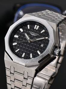 LONGLUX 1 件男士自动机械表带日历，蝴蝶扣钢带，防水，休闲简约设计 - 黑色 - 查看 5