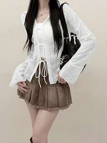 2025 春夏轻盈系带设计女式长袖上衣，百搭 - 白色 - 查看 4