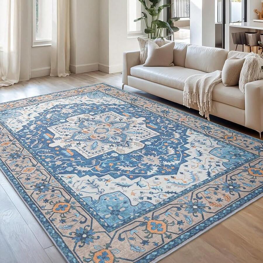 Washable Area Rug 5x7 - Soft Faux-Wool Area Rug Living Room Bedroom, Boho Vintage Floral Medallion Non-Slip Low Pile, Pet Friendly, Blue White - Nâu xanh - Xem 1