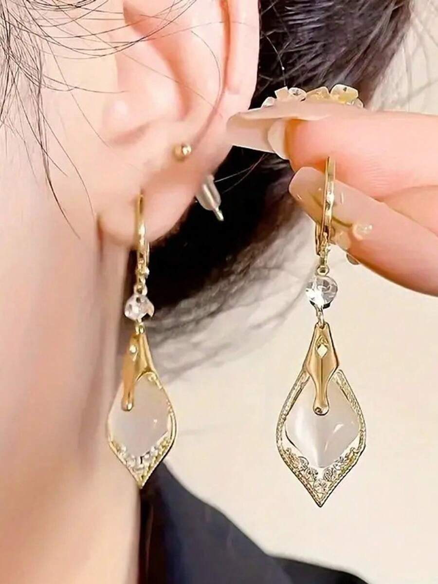 1 pieza Pendientes colgantes de ojo de gato con piedras de cristal de lujo con diseño geométrico de moda, pendientes largos únicos de estilo francés elegante y versátil - Multicolor - Ver 1