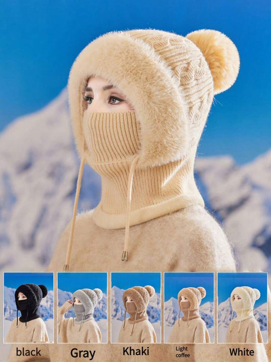 1 Pair Women's Knitted Mask Scarf Set, Autumn/Winter Warm Thermal Lined Earflap Hat Neck Gaiter