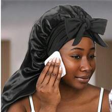 Elastic Buckle Long Sleeping Cap New Bow Turban Cap Perm Cap Large Size Multi-Color Adjustable Long Satin Cap With Tie, Large Woven Cap Silk Hair Cap, Suitable For Women To Sleep, Add A Sweet Atmosphere To Sleep At Night, And Protect The Hair Smooth Texture