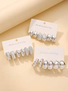 18-6pcs Elegant CCB Hoop Earrings Set, Asymmetrical Triangle, Water Drop, C-Shaped Design Earrings, Daily Wear Ear Jewelry, Holiday Gift - Silver - View 5