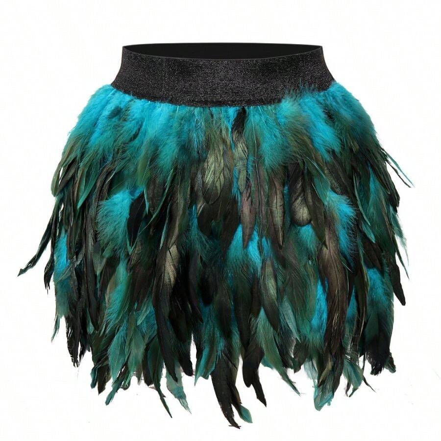 Festival Carnival Party Dance Feather Skirt Bar Jazz Multi-Color Irregular Dance Skirt Gothic Style Halloween Feather Mini Skirt, Elastic - Waist Feather Skirts In Teal, Black, Red And Blue For Halloween Costume, Party, Dance