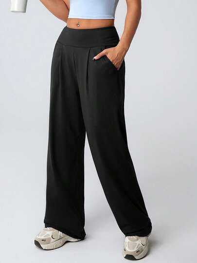 1 pieza Pantalones de yoga de cintura alta y pierna ancha para mujer con cinturón, bolsillos laterales, elásticos y sueltos, adecuados para gimnasio, exterior, yoga, senderismo, pantalones rectos para todas las estaciones