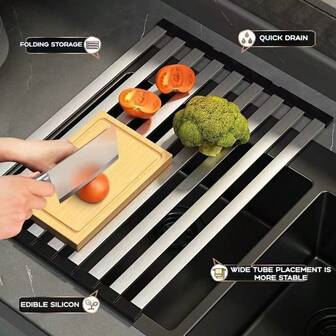 1 pieza Rejilla plegable de silicona para secar platos de cocina | Material de acero inoxidable 304 + Diseño de múltiples capas, Escurridor de platos + Soporte para cubiertos 2 en 1, Almacenamiento plegable ahorra espacio | Antideslizante, Evita volcarse, Seca los platos | Organizador de utensilios | Almacenamiento de cocina pequeña | Portátil para camping