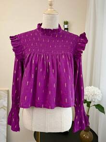 Hermiss camiseta blusa con volante y detalles fruncidos con goma y bolate , manga larga para mujer . talla única para una talla entre XS/S/M .  nueva colección de otoño invierno . entrega estimada 1-3dias laborable (península) - Morado Violeta - Ver 6