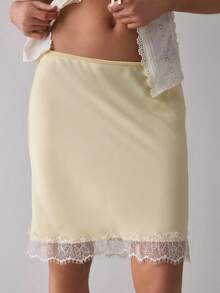 Women's Low-Waist Solid Color Lace Paneled A-Line Knee-Length Skirt, For Party Street Wear - 淺黃色 - 查看 2