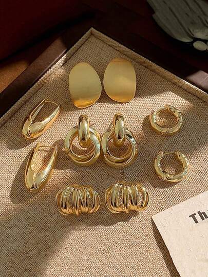 5 Stücke/Set minimalistische vintage Luxus Metallic Creolen für Frauen, elegante europäische Stil goldfarben Kreisohrringe, einzigartiges Design geeignet für den täglichen Gebrauch und Festivals