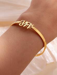 1Pc Punk Style Letter Open Cuff Bangle Bracelet, 18K Gold-Plated Stainless Steel Open Adjustable Bracelet, Unisex Jewelry Fashion Accessories