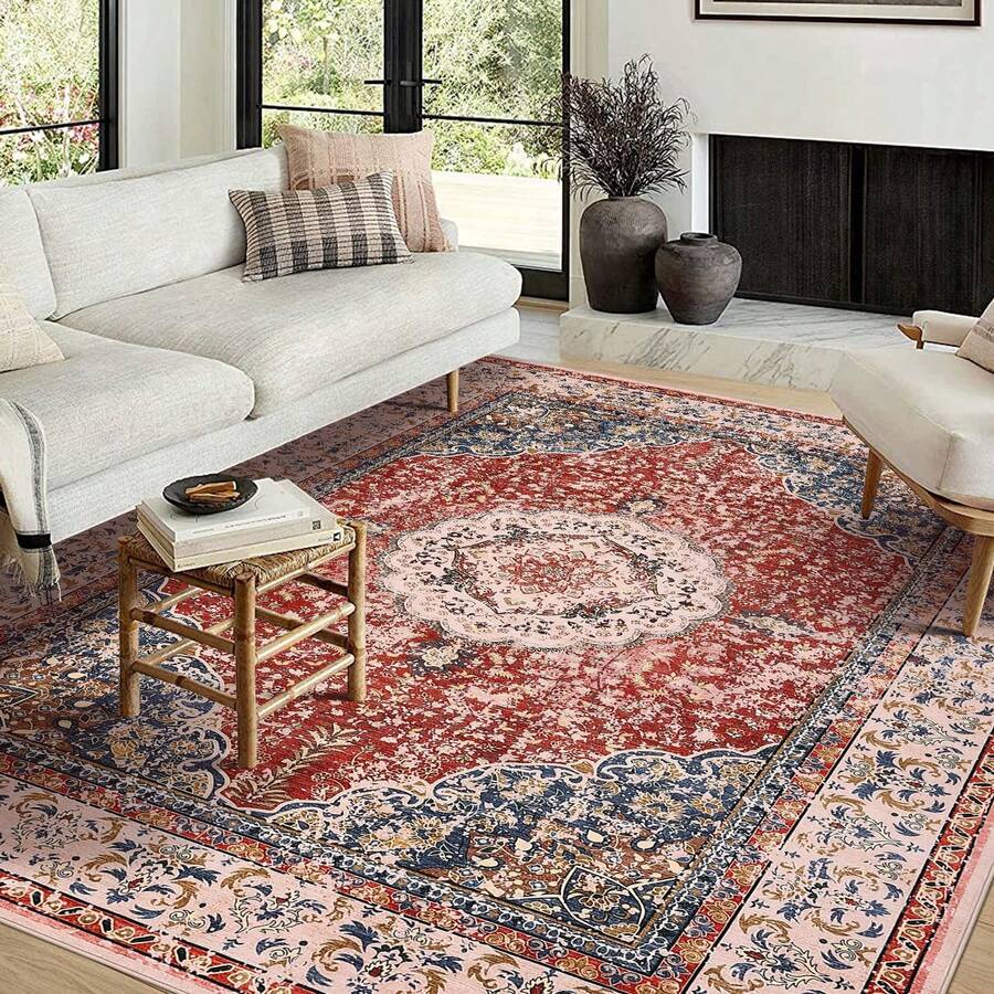 Techigher 5 Sizes Rugs Living Room|Area Rugs| Washable–120 X170 Cm Boho Vintage Floral Rug, Soft Faux Lamb Velvet Rug & TPR Non-Slip Backing Carpet For Bedroom,Bathroom, Dining Room, Kitchen, Entryway & Office - Red - View 1
