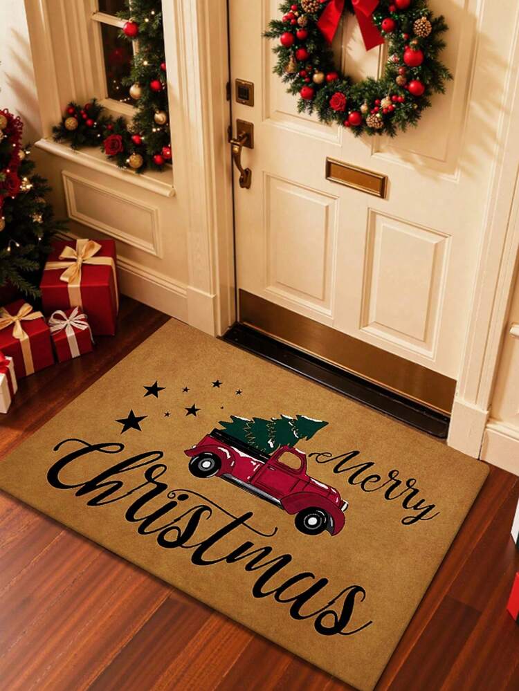 1pc Interesting Christmas Truck-Christmas Tree-Letter Welcome Doormat, Classic European-Style Soft Washable Entrance Mat, Suitable For Entryway, Hallway, Bathroom, Patio, Laundry Room, Bathroom, All Season Decorative Carpet, Christmas Decor - Home Decor - Multicolor - View 1