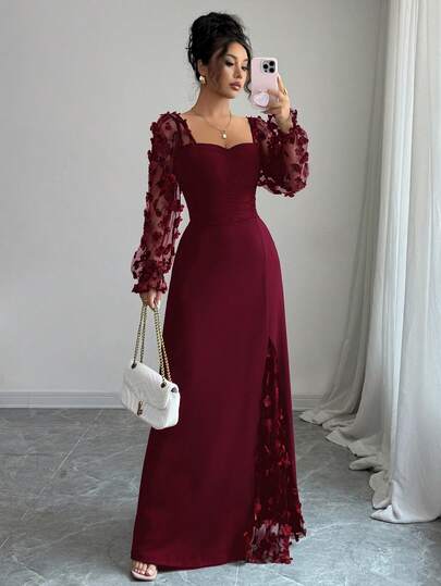 LilyHouse Women's Elegant Casual Long Sleeve Waist Cinched Dress With Floral Applique, Suitable For Elegant Party, Wedding, Valentine's Day, Red Dress