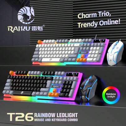 有线游戏键盘鼠标套装，彩虹LED背光，三色可选，104键，3D滚轮，1600 DPI，USB接口，符合人体工学的PC游戏设计
