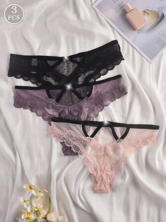 3 pezzi/set Perizoma sexy in pizzo multicolore con cuori traforati per donna