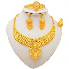 Dubai Luxury Golden Jewelry African Jewelry Sets Necklace Earrings Ring Bracelet 4 Pieces - Gold - View 11