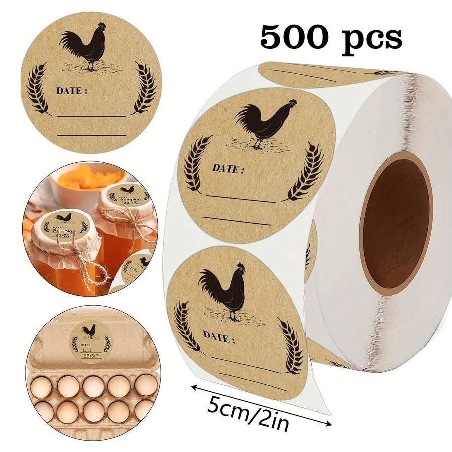 500pcs/Roll 2-Inch Round Kraft Paper Egg Labels With Chicken & Wheat Pattern - Natural Brown, Strong Adhesive, Easy To Write & Peel, Suitable For Mason Jars, Farmers, Crafts And Organization, Kitchen Labels | Farm Theme Stickers | Easy Peel Stickers - 500 Egg Preservation Labels - View 1