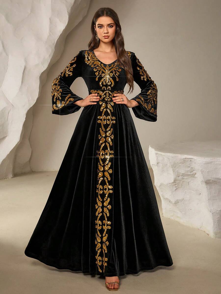 Elegant Women's Long V-Neck Velvet Dress With Alluring Gold Sequins And Flare Kimono Sleeves, Suitable For Evening Party Occasions - Black - View 1