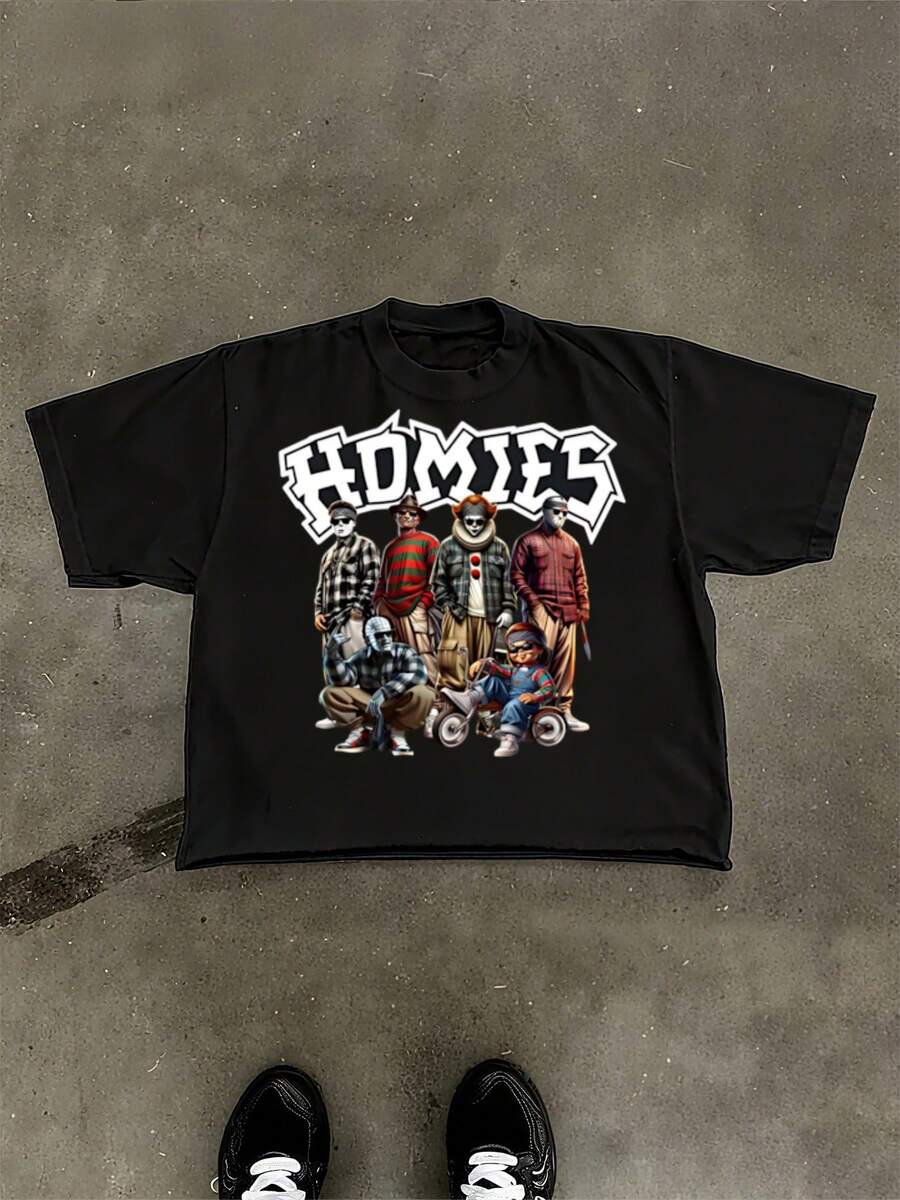 Halloween Gift T-Shirts Homies Horror Characters Graphic Tee Stylish T-Shirts, Men's Graphic Top Tees, 220 Pure Cotton T-Shirt For Friends And Family - màu đen - Xem 1