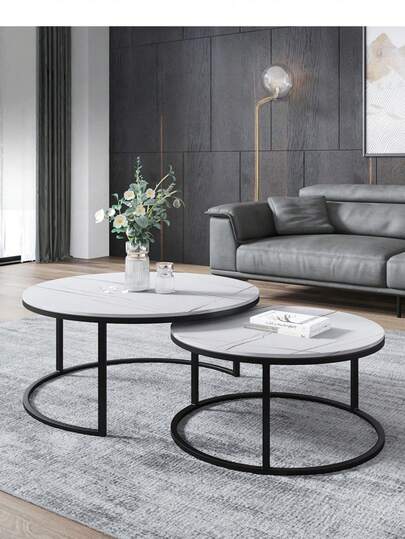 Nesting Coffee Tables, Round Wooden Marble Top, Sturdy Metal Frame, Side Tables Living Room, Bedroom, Balcony Terrace view 9