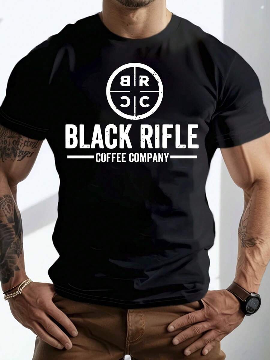 100% Pure Cotton, Black Rifle Coffee Company Logo Printed For Summer Wear Men'S Pure Cotton T-Shirt, Round Neck Casual, Slightly Stretchy Fabric, Comfortable, Casual And Fashionable Short Sleeved Shirt, Holiday Gift - Black - View 1