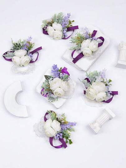 6 قطع أساور زهور للعروس والوصيفات في حفل الزفاف، أساور من الورد والخزامى الأنيقة، مثالية للعروس وأم العريس والنساء والفتيات في مناسبات التخرج والذكرى السنوية وديكور حفل الزفاف