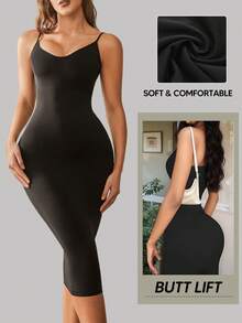 1pc Women Black Spaghetti Strap Tummy-Control Lift Up Bodycon Dress, Suitable For Underlayer Or Outerwear - 黑色 - 查看 1