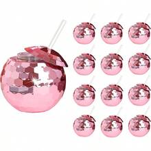 ZHURUININ - 12 tazas de bola de discoteca, 20 onzas, tazas de fiesta de discoteca con tapa y popote, reutilizable, para cóctel, fiesta, discoteca, bar, suministros de vino y jarabe (oro rosa) - rosa - Ver 13