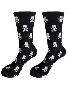 3/5/10 pares de calcetines de tubo medio unisex con diseño de esqueleto de dibujos animados aleatorios, suaves, cómodos, transpirables y versátiles para todas las estaciones, adecuados para uso diario y fiestas de Halloween