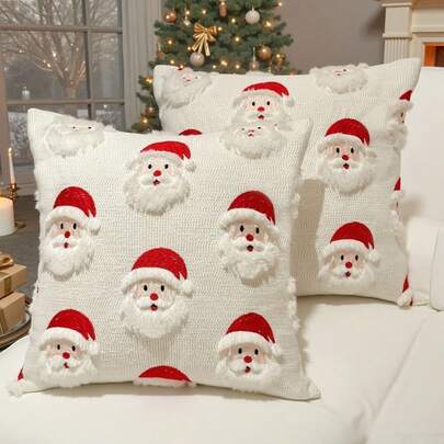 1pc 18x18 Inch 3D Christmas Plush Throw Pillow Covers, Bells Tree Santa Quilted Embroidered Cushion Cover, Festive Holiday Throw Pillow For Christmas & New Year Home Decor, Winter Living Room, Cozy Bedroom