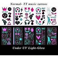 Sheet brillan en la oscuridad tatuajes temporales Styles Aldult Fluorescencia UV Neón Cuerpo Cara Falso Impermeable Tatuaje Pegatinas para Mujeres Hombres,Rave Festival Accesorio Fiesta Suministros - 10 Hojas Fiesta de la Música - Ver 4