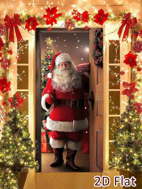 1pc Santa Claus Christmas Door Cover, Santa Claus Opens The Door To Give Gifts, Polyester Door Cover With Christmas Tree Pattern, Suitable For Christmas Door And Window Decoration, Indoor And Outdoor Walls Decoration, Christmas Party Decoration, Christmas Gifts