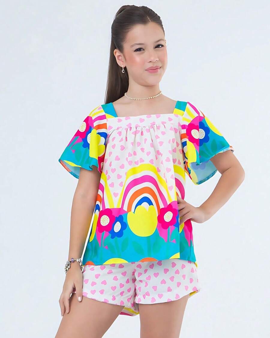 Bianca Rainbow Print Children's Youth Set, Girls' Clothing, Size 4, 6, 8, 10, 12, 14 - Trắng và Hồng - Xem 1