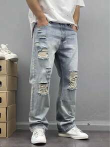 Men's Loose Distressed Casual Denim Jeans - Fashionable Relaxed Fit - 淺色水洗藍 - 查看 4