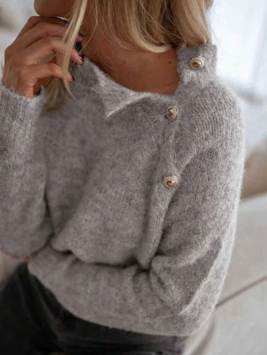 女士秋季服装纯色长袖纽扣设计休闲针织毛衣 - 灰色 - 查看 1